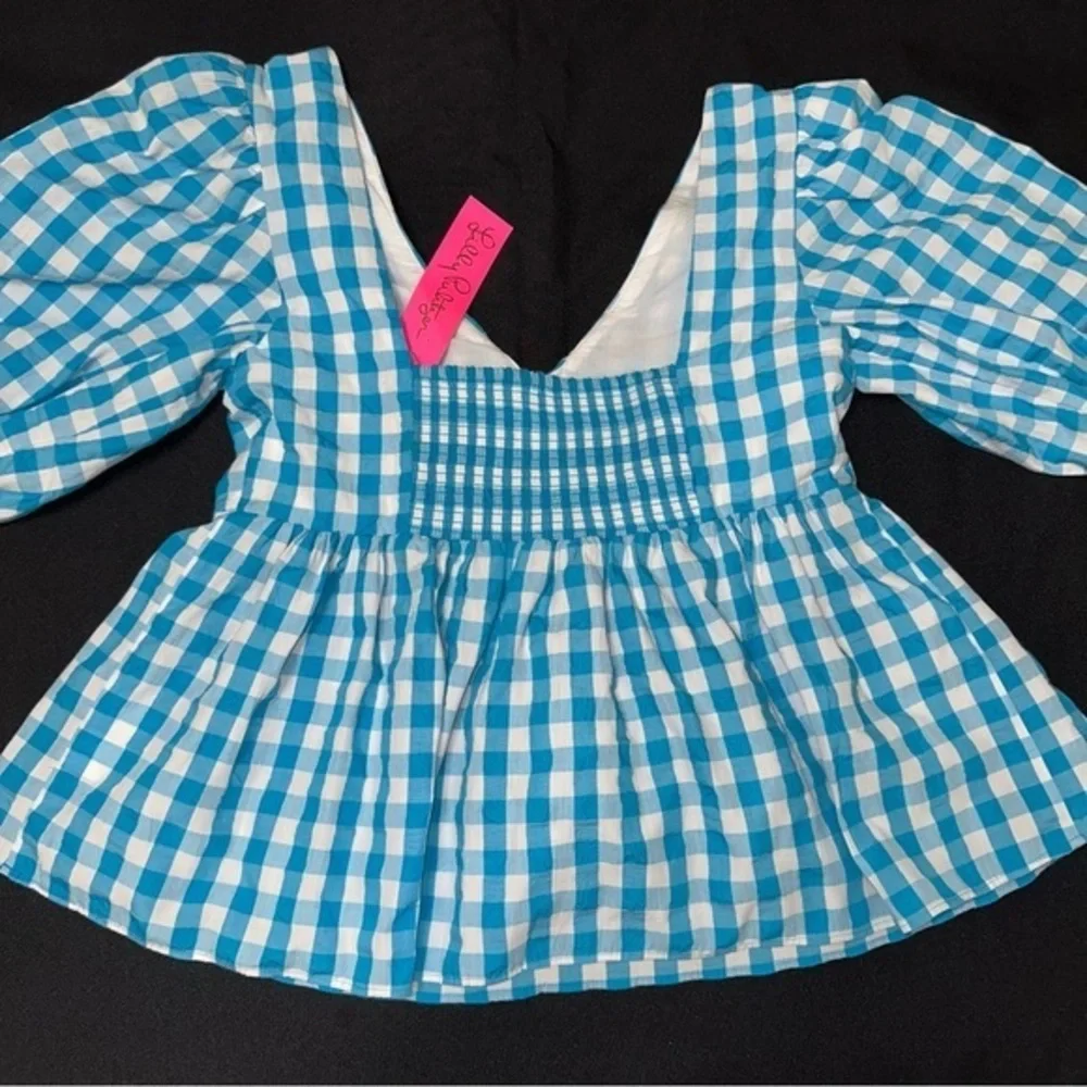 Lilly Pulitzer Sarafina Short Sleeve top size 8 turquoise‎ crinkle gingham